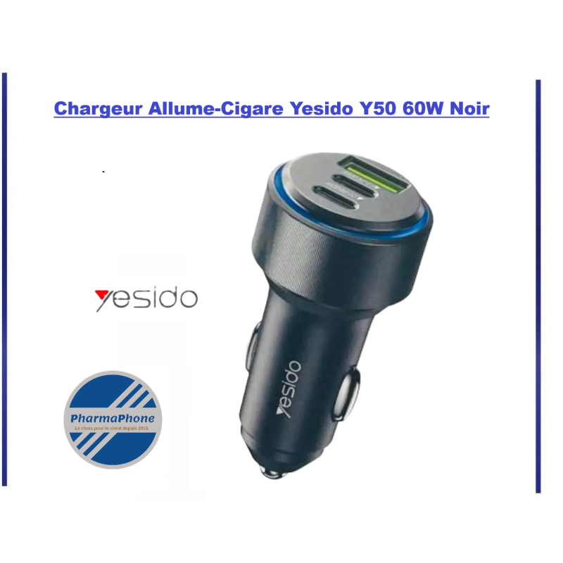 YESIDO Y50 - CHARGEUR ALLUME CIGARE 60W (DUAL USB-C 30W   + USB-A QC3.0 18W )martinique guadeloupe guyane