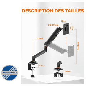 Bras Ecran PC Universelle - 13" à 32" - ressort à GAZ - VESA 75/100mm - EMPLACEMENT: