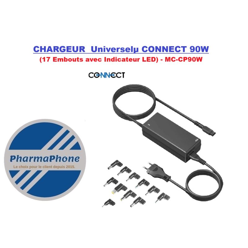 Chargeur Universel CONNECT 90W (17 Embouts avec Indicateur LED) - MC-CP90W  MARTINIQUE GOUADELOUPE GUYANE
