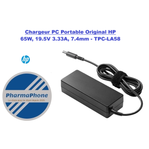 Chargeur PC Portable Original HP 65W, 19.5V 3.33A, 7.4mm - TPC-LA58 MARTINIQUE GOUADELOUPE GUYANE