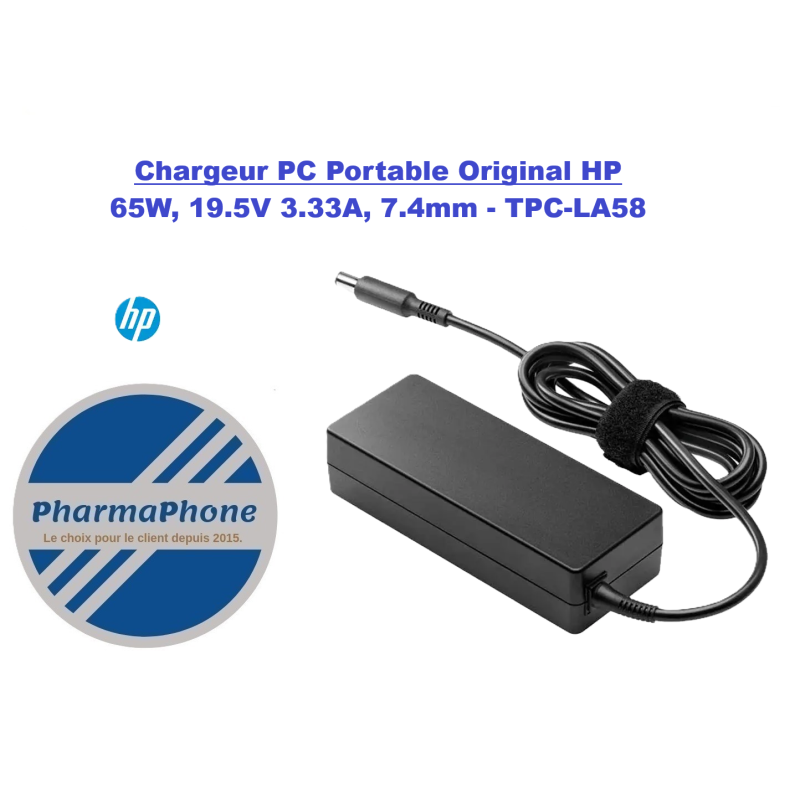 Chargeur PC Portable Original HP 65W, 19.5V 3.33A, 7.4mm - TPC-LA58 MARTINIQUE GOUADELOUPE GUYANE
