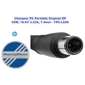 Chargeur PC Portable Original HP 65W, 19.5V 3.33A, 7.4mm - TPC-LA58 MARTINIQUE GOUADELOUPE GUYANE