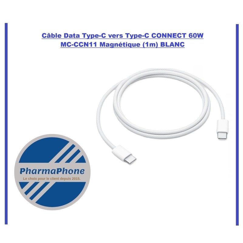 Câble Data Type-C vers Type-C CONNECT 60W MC-CCN11 Magnétique (1m) BLANC - EMPLACEMENT: Z02 - B100 - E05