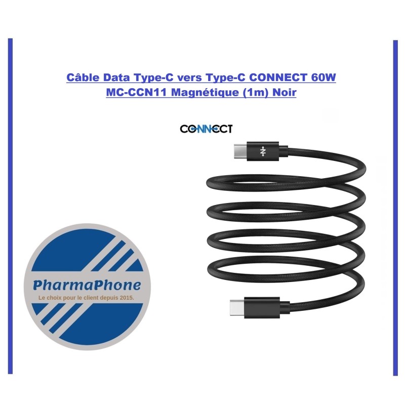 Câble Data Type-C vers Type-C CONNECT 60W MC-CCN11 Magnétique (1m) Noir - EMPLACEMENT: Z02 - B100 - E06