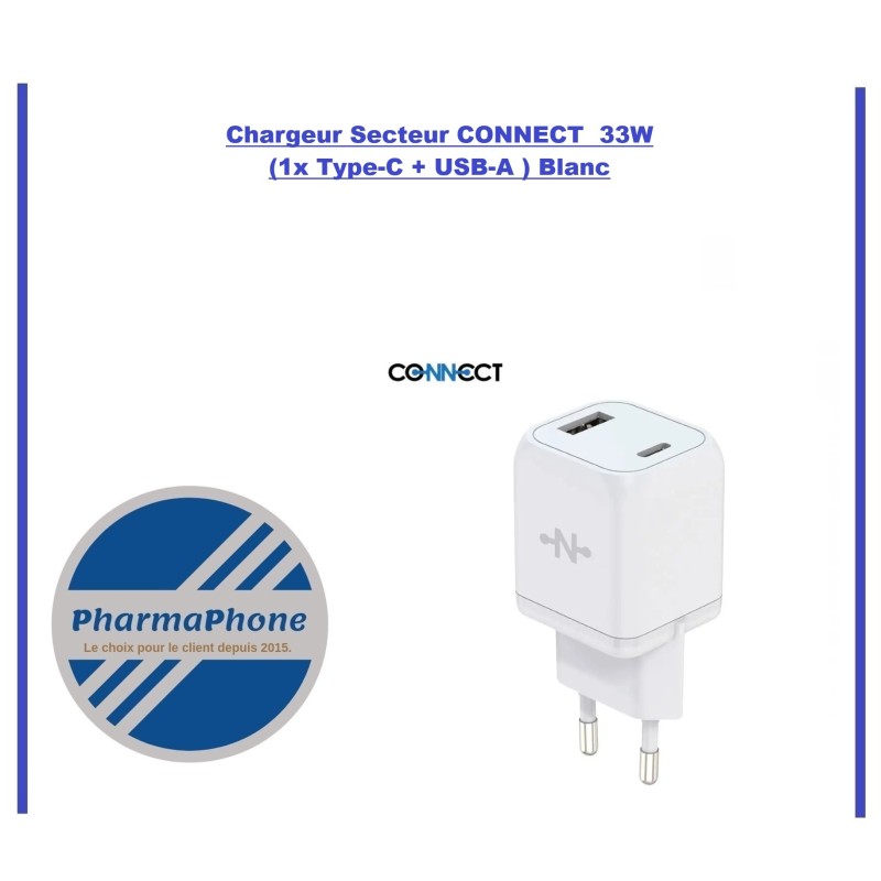 Chargeur Secteur CONNECT  33W (1x Type-C + USB-A ) Blanc - EMP100 - E07