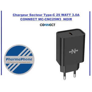 Chargeur Secteur Type-C 25 WATT 3.0A CONNECT MC-CNC25W3  NOIR - EMPLACEMENT: Z02- B100 - E04