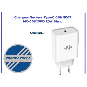 Chargeur Secteur Type-C 25 WATT 3.0A CONNECT MC-CBC25W3  BLANC - EMPLACEMENT: Z02- B100 - E03