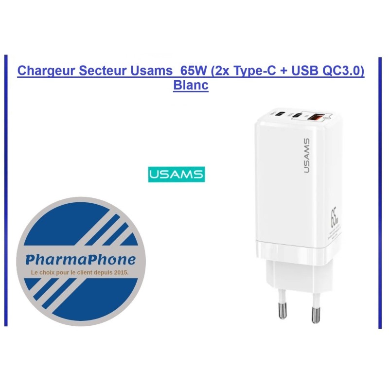 Chargeur Secteur Usams 65W (2x Type-C + USB QC3.0) Blanc - EMPLACEMENT: Chargeur Secteur Usams 65W (2x Type-C + USB QC3.0) Blanc - EMPLACEMENT: