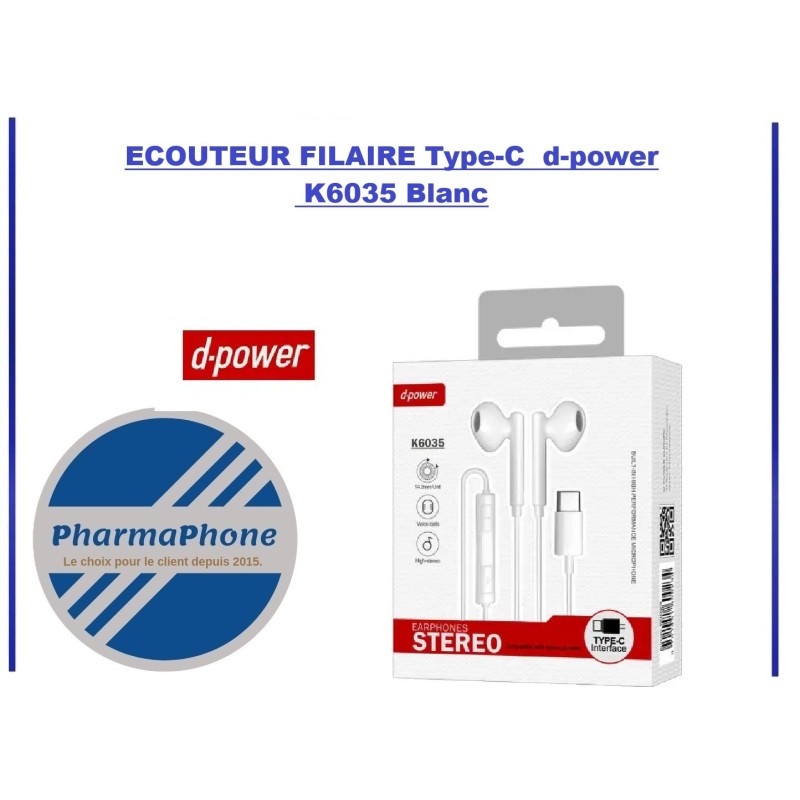 ECOUTEUR FILAIRE Type-C  d-power K6035 Blanc EMPLACEMENT: Z2 - B200 - E04 ECOUTEUR FILAIRE Type-C  d-power K6035 Blanc EMPLACEMENT: Z2 - B200 - E04