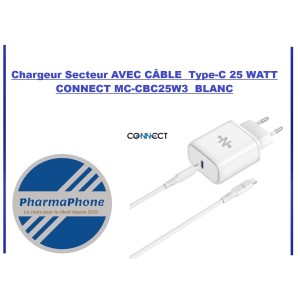 Chargeur Secteur Type-C 25 WATT 3.0A CONNECT MC-CBC25W3  BLANC - EMPLACEMENT: Z02- B100 - E03