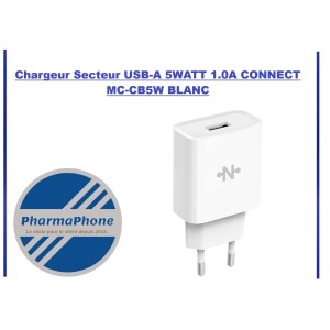 Chargeur Secteur USB-A 5WATT 1.0A CONNECT MC-CB5W BLANC - EMPLACEMENT: Z02 - B200 - E05