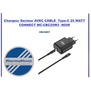 Chargeur Secteur AVEC CÂBLE  Type-C 25 WATT  CONNECT MC-CBC25W3  NOIR - EMPLACEMENT: Z02- B100 - E03