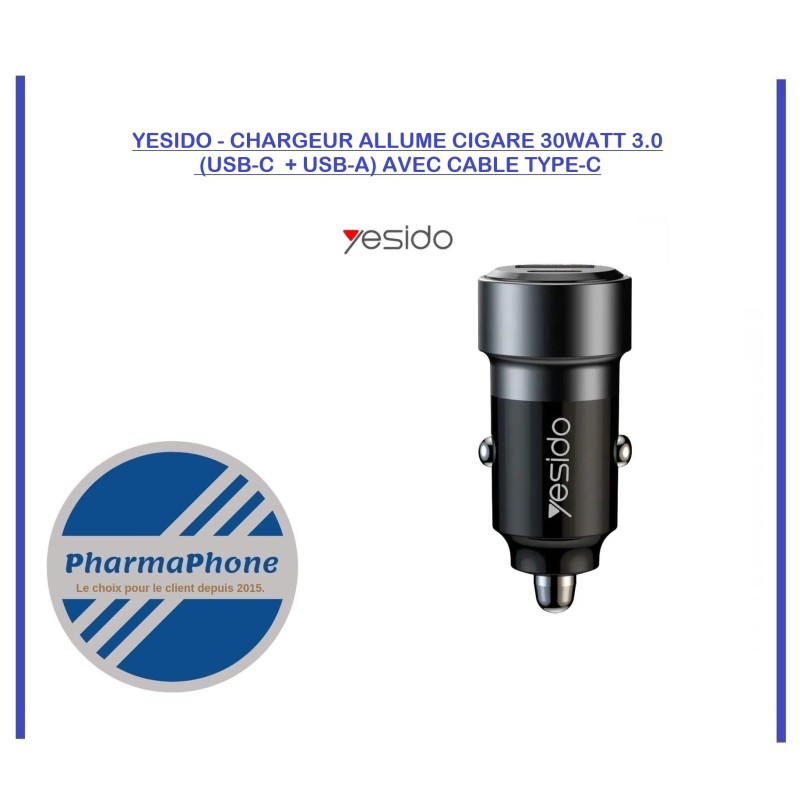 YESIDO - CHARGEUR ALLUME CIGARE 30WATT 3.0 (USB-C  + USB-A) AVEC CABLE TYPE-C - EMPLACEMENT: Z02 - B40 - E05