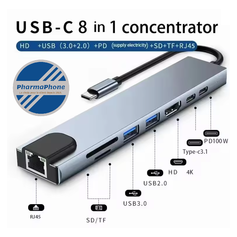 Adaptateur Hub HDTV Usb 8 en 1  DISPONIBLE MARTINQUE