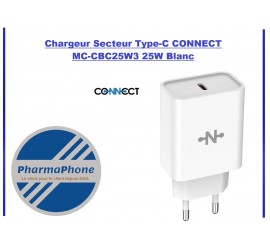 Chargeur Secteur Type-C 25 WATT 3.0A CONNECT MC-CBC25W3  BLANC - EMPLACEMENT: Z02- B100 - E03